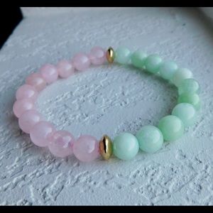 New Perspective + Love Crystal Bead Mala Bracelet Pink Rose Quartz Green Jade
